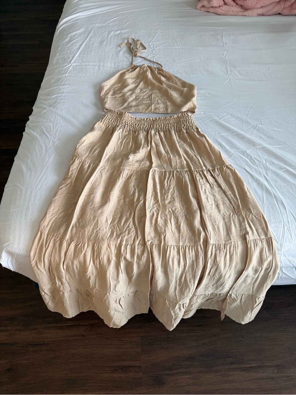 Two-Piece Halter Top & Tiered Maxi Skirt Set in Light Beige